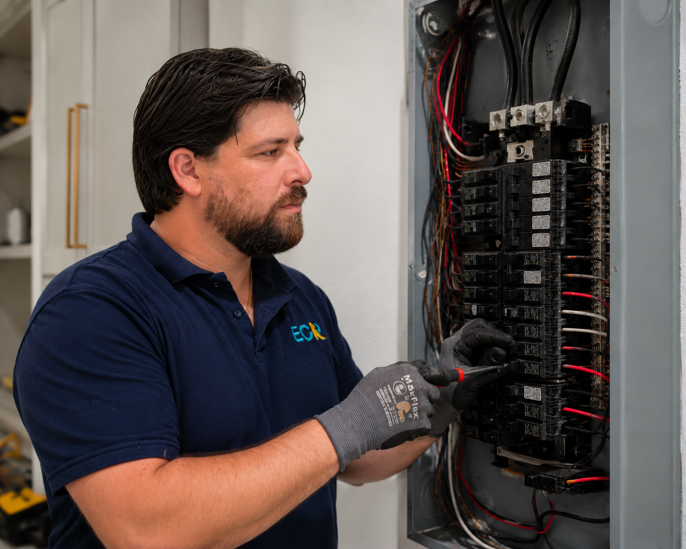 A technician working on an electrical panel, wearing black gloves and a navy blue polo shirt with a logo, using a screwdriver to adjust the wiring inside the panel.