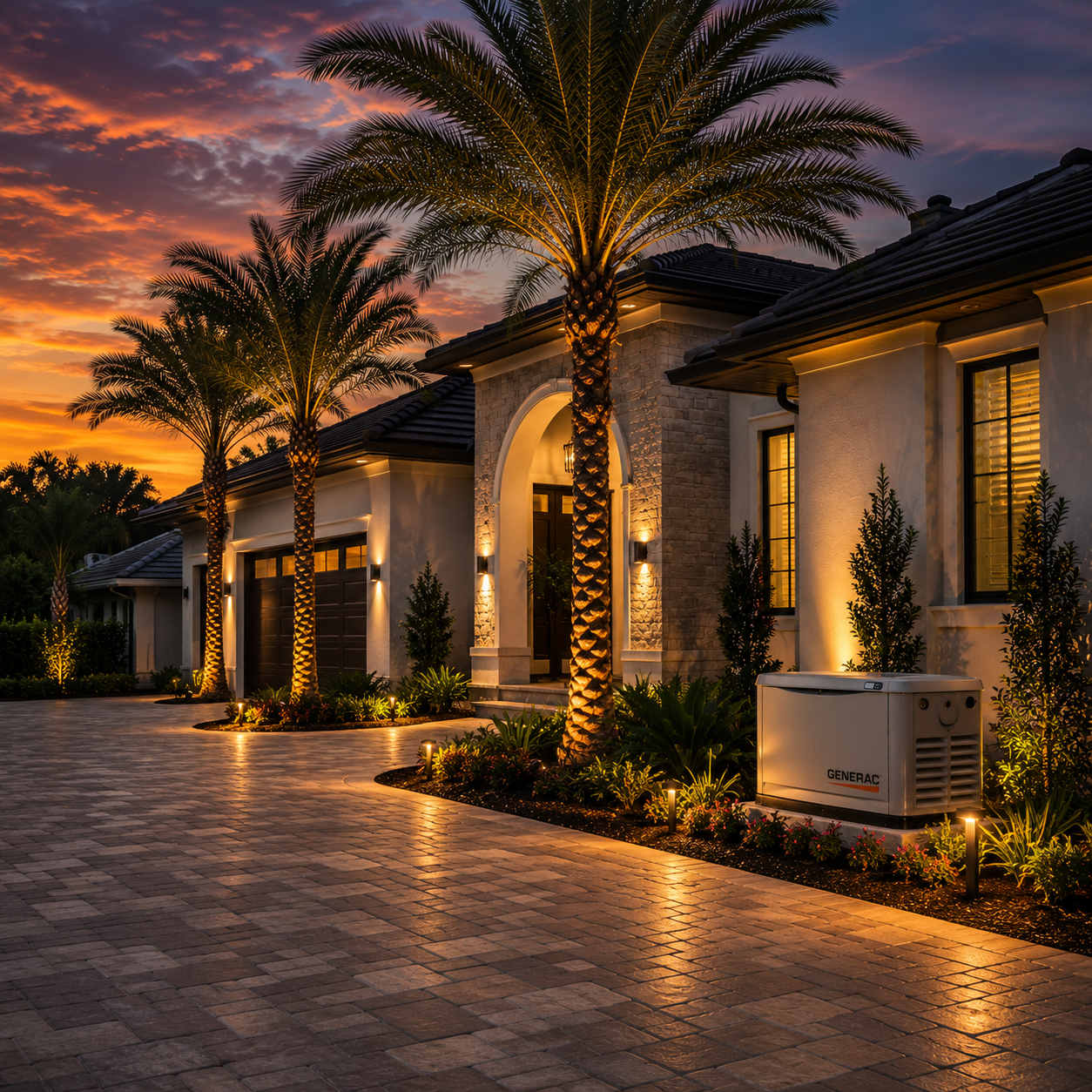 Luxury house exterior at sunset with palm trees, illuminated landscaping, and warm lighting.
