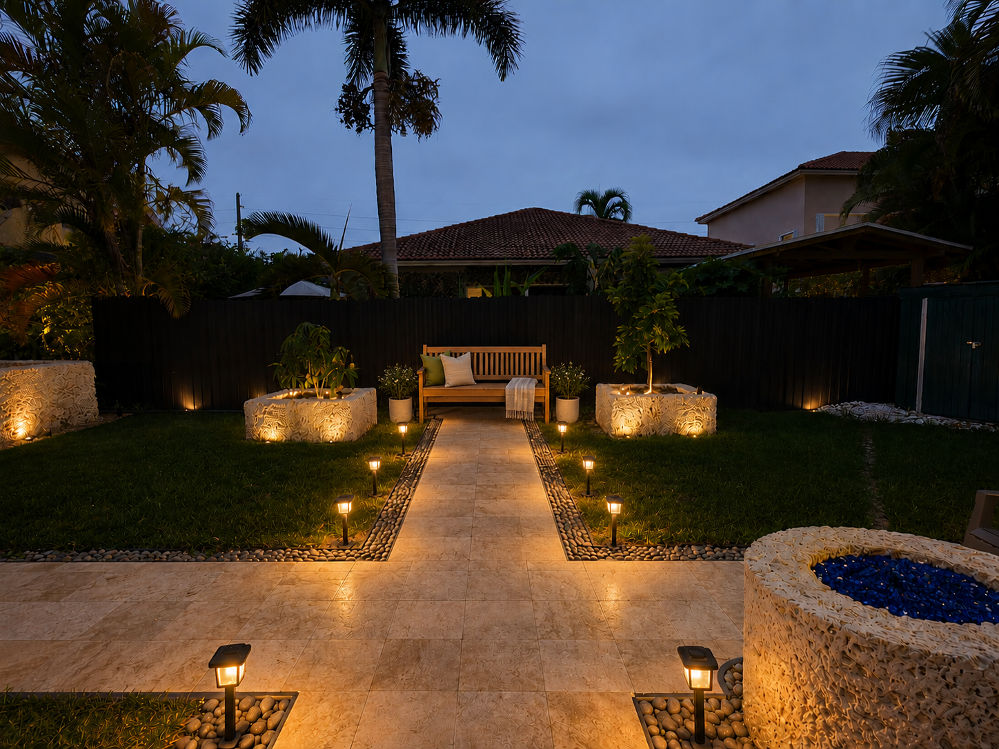 Backyard patio at dusk with a stone pathway, lit by small outdoor lights, leading to a wooden bench flanked by two potted trees. Decorative planters with plants are on either side of the pathway, and a small pool with blue stones is in the foreground. The yard is surrounded by a black fence with trees and houses in the background.