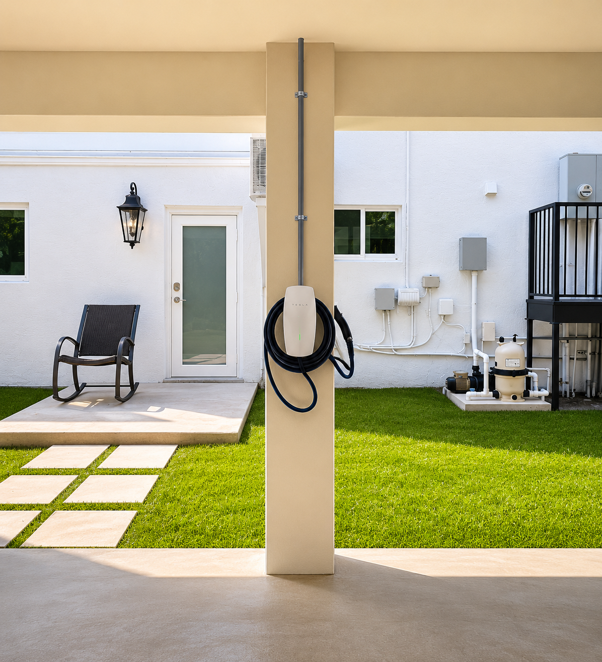 View of a backyard with grass, a patio with stepping stones, a white house with a door and windows, an outdoor chair, and an electric vehicle charging station mounted on a pillar in the foreground.