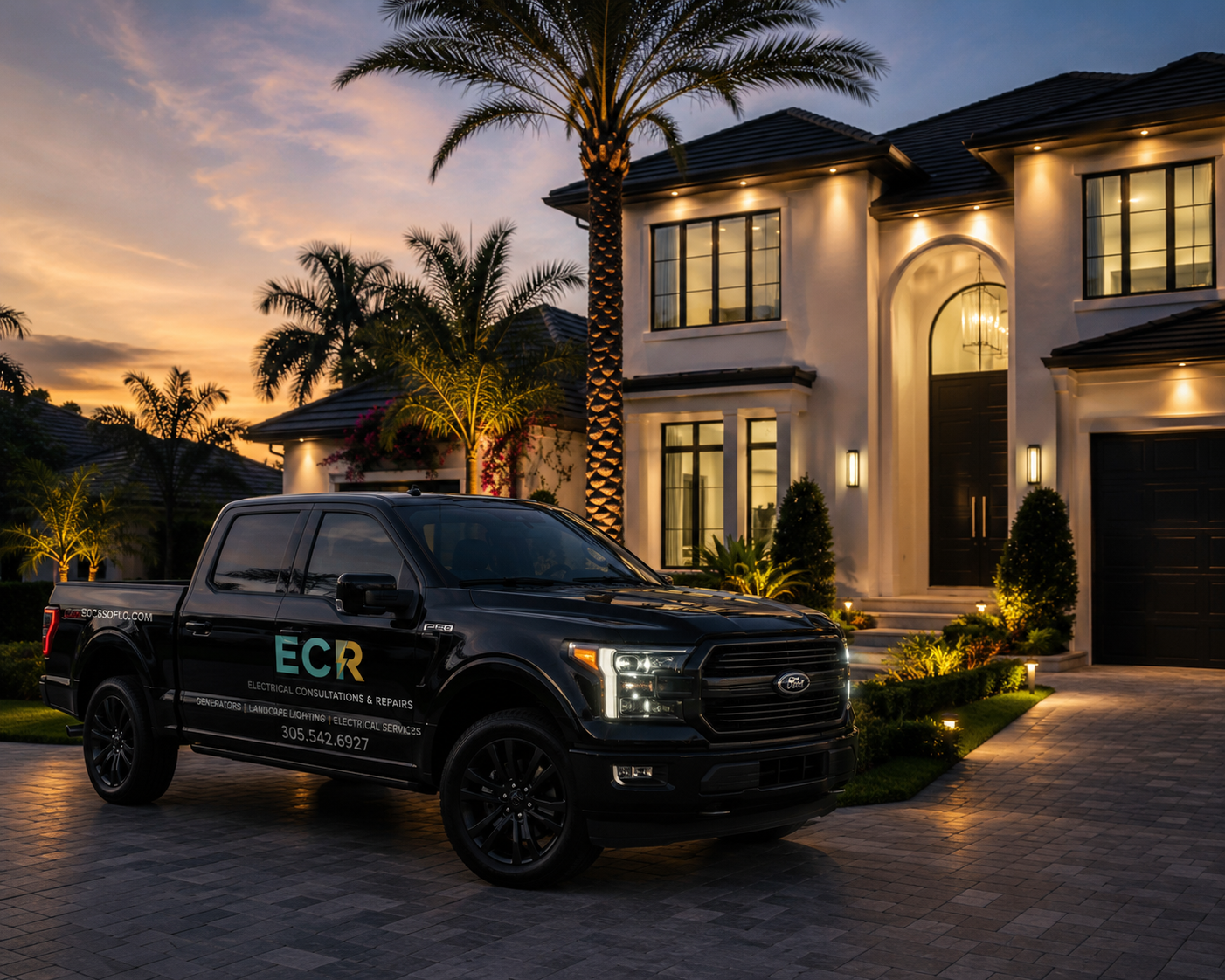 A black pickup truck parked in front of a large, elegant house during dusk. The house is illuminated with exterior lights, with palm trees and landscaped yard.