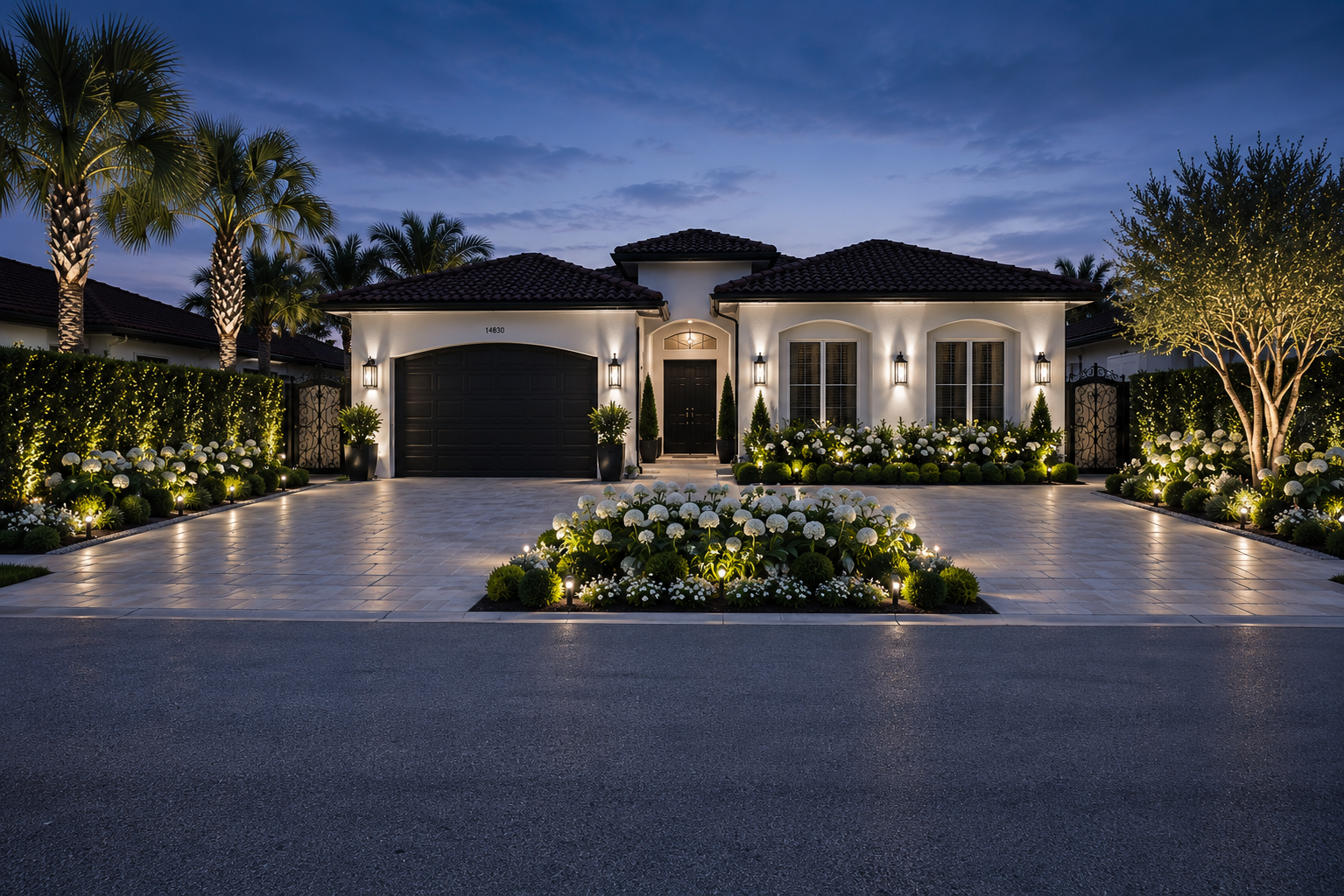 Luxury house at twilight with lit landscaping, palm trees, and a tiled driveway.