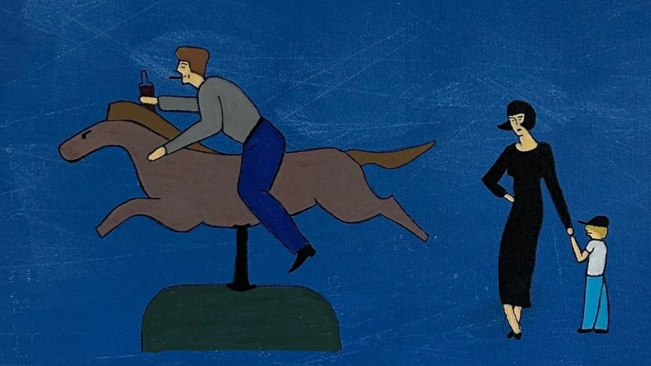 A drunken man occupies a mechanical horse ride intended for a child while a mother and son anxiously wait.