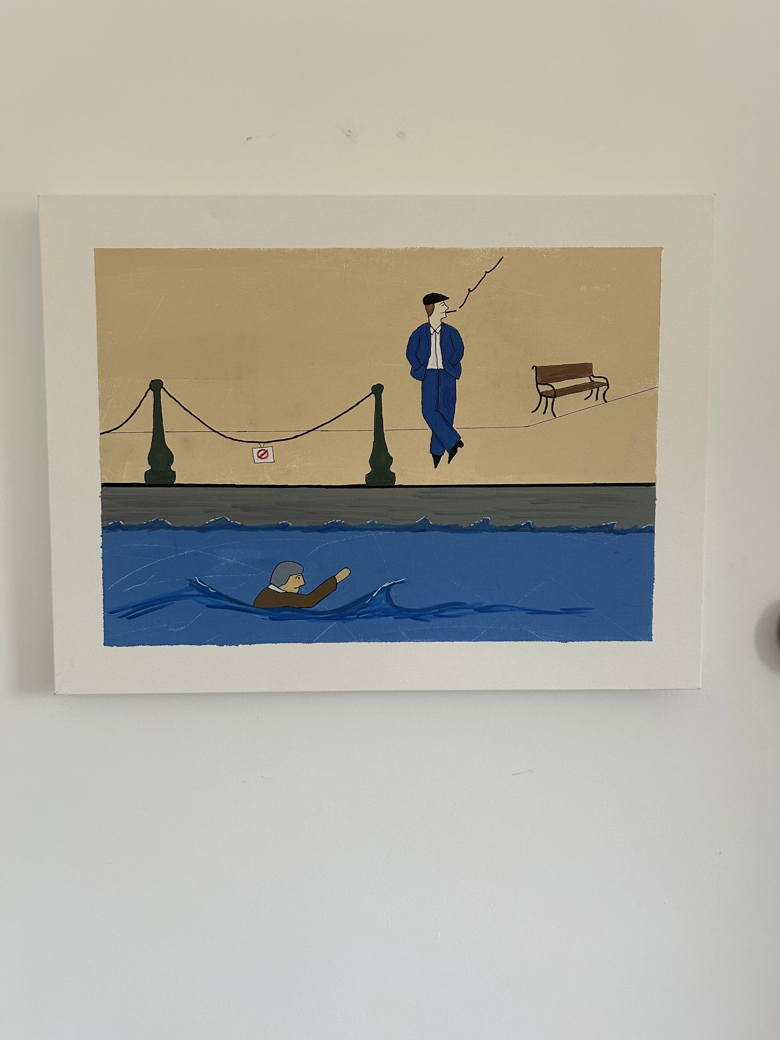 A man watches another struggle in the water beneath a clearly posted warning sign, choosing observation over intervention.