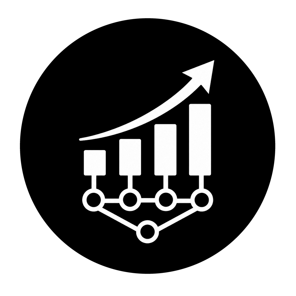 A white rising bar chart with connected nodes and an upward arrow represents integrated marketing systems and sustained agency growth.
