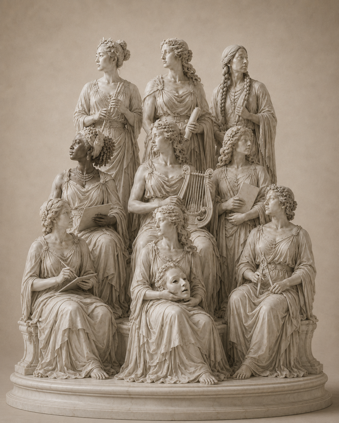 An AI-generated sculpture depicting the nine muses of Greek mythology. As the goddesses of inspiration, literature, science, and the arts, they were the daughters of Zeus and Mnemosyne (the personification of memory).