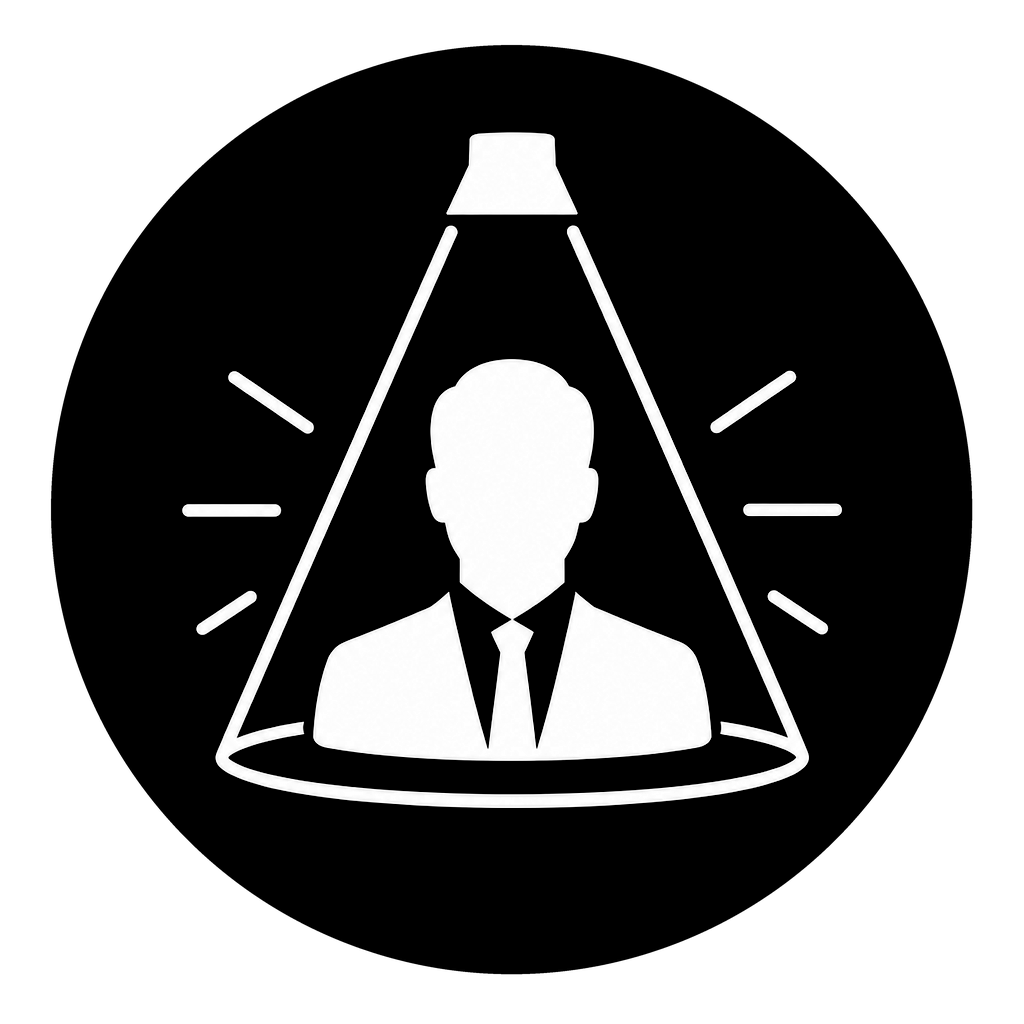 A white icon depicting a business leader stands beneath a spotlight, representing executive presence, visibility and influence.
