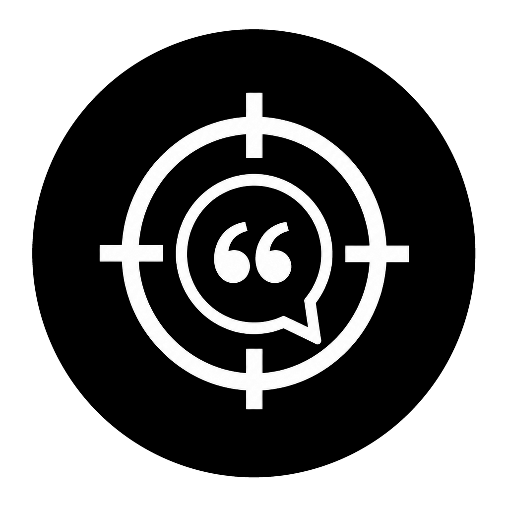 A white speech bubble with quotation marks sits inside a target, representing focused messaging and strategic storytelling.