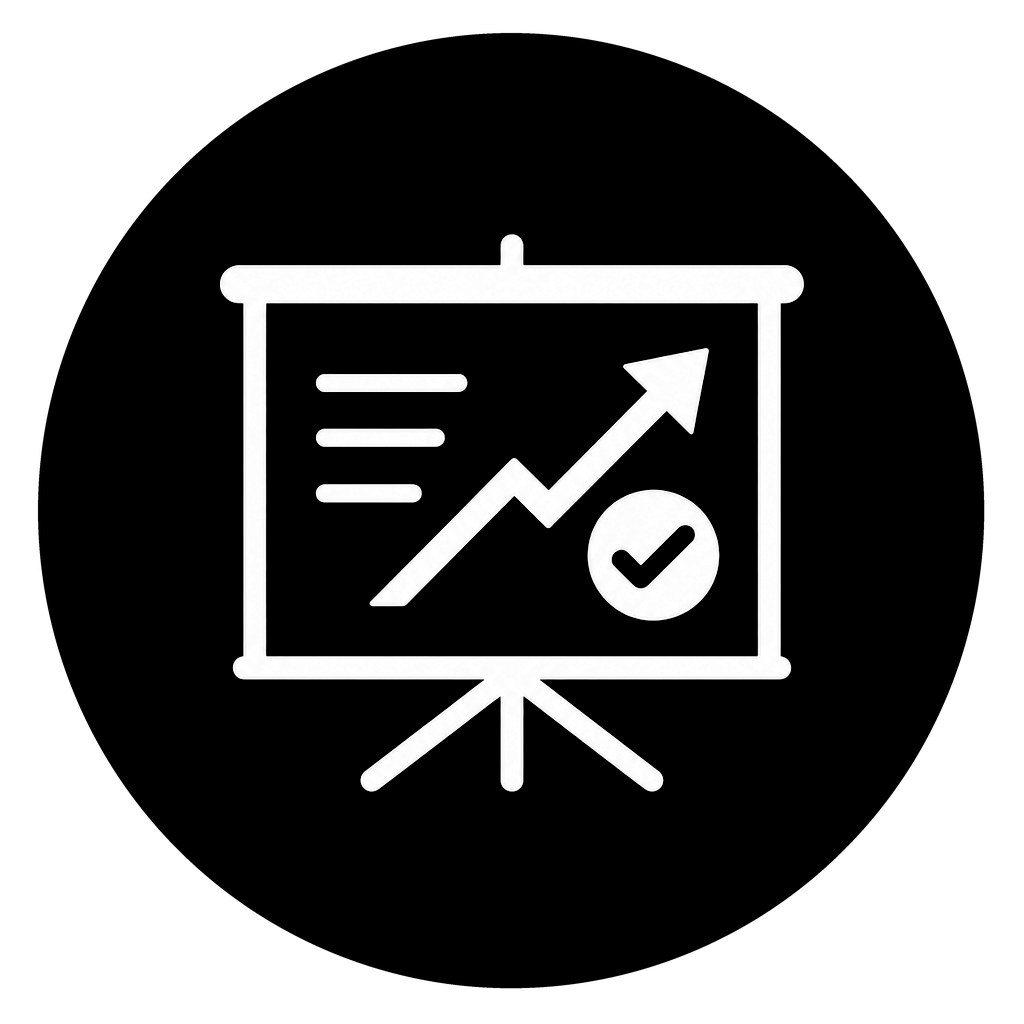 A white presentation board with an upward arrow and checkmark represents a persuasive pitch designed to win new business.