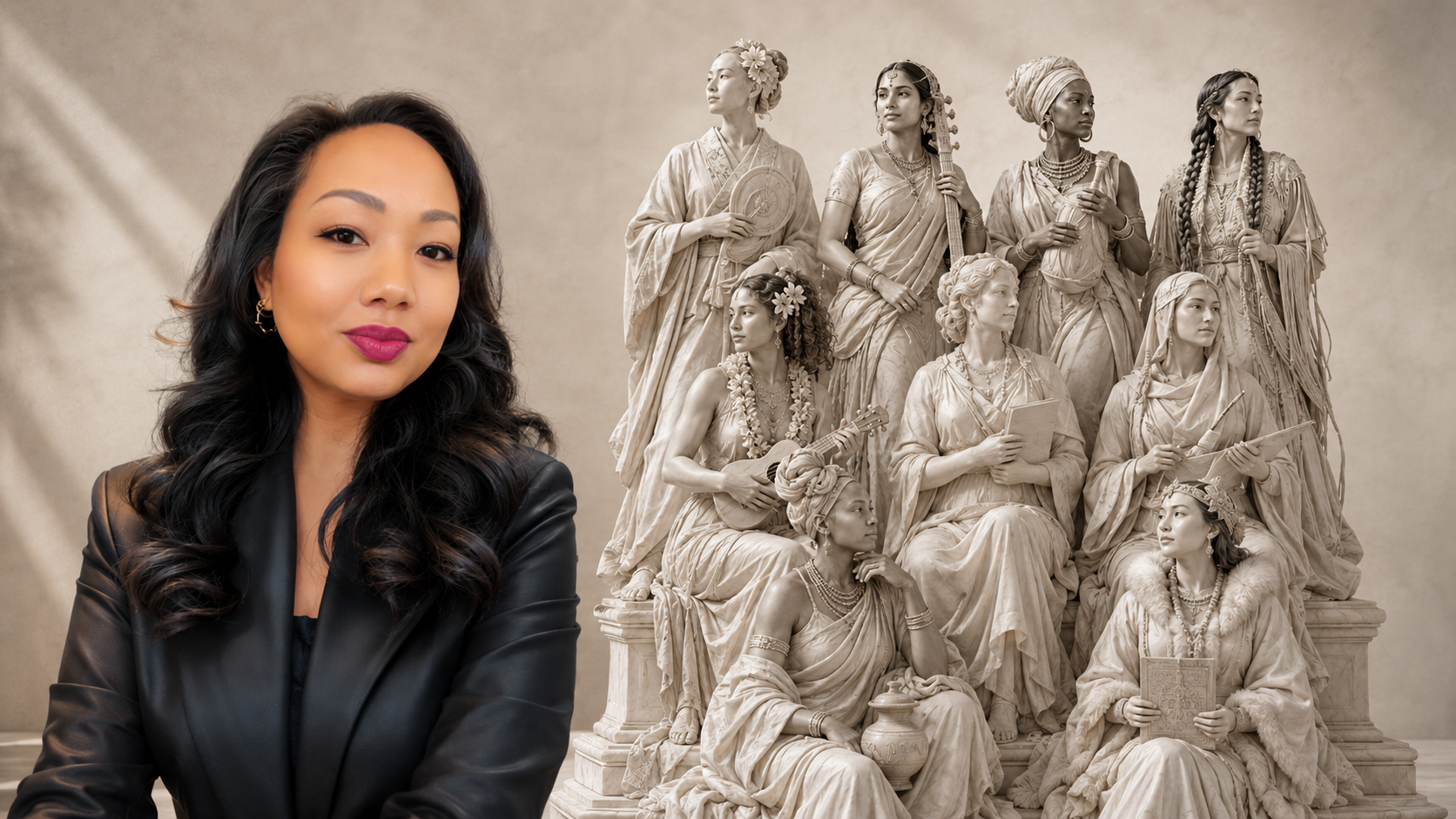 A woman with long black hair, wearing a black leather jacket and pink lipstick, standing in front of a grayscale sculpture of multiple women, some holding musical instruments and books, dressed in traditional attire.