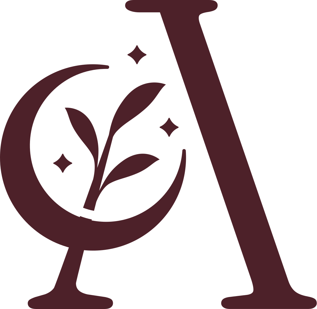 Stylized letter 'A' with a crescent moon and a plant inside it, surrounded by stars.