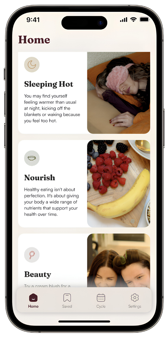 Smartphone screen displaying a health and wellness app with sections titled "Sleeping Hot," "Nourish," and "Beauty," showing images of a woman sleeping, fresh berries and banana, and two women smiling.