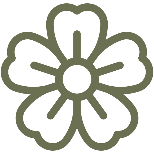 A stylized flower with six rounded petals and a central circle