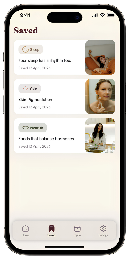 Smartphone screen showing a health app with saved notes about sleep, skin, and nourishment, each with a small photo of a person related to the note.