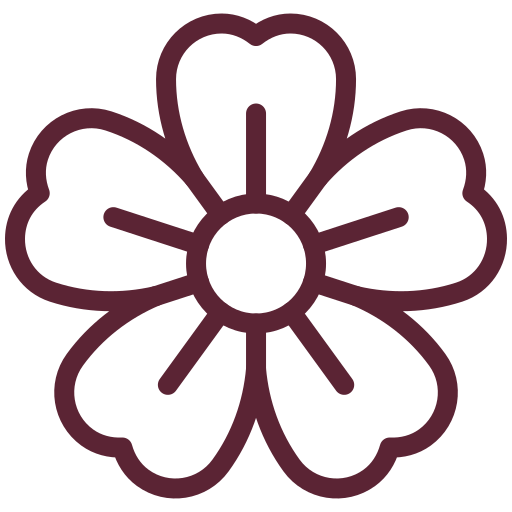 Outline of a stylized flower with five petals and a circular center.
