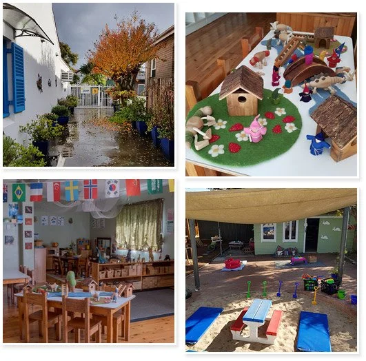 Collage of Bunny Cottage showing the front garden, play corner, indoor tables and shaded outdoor area
