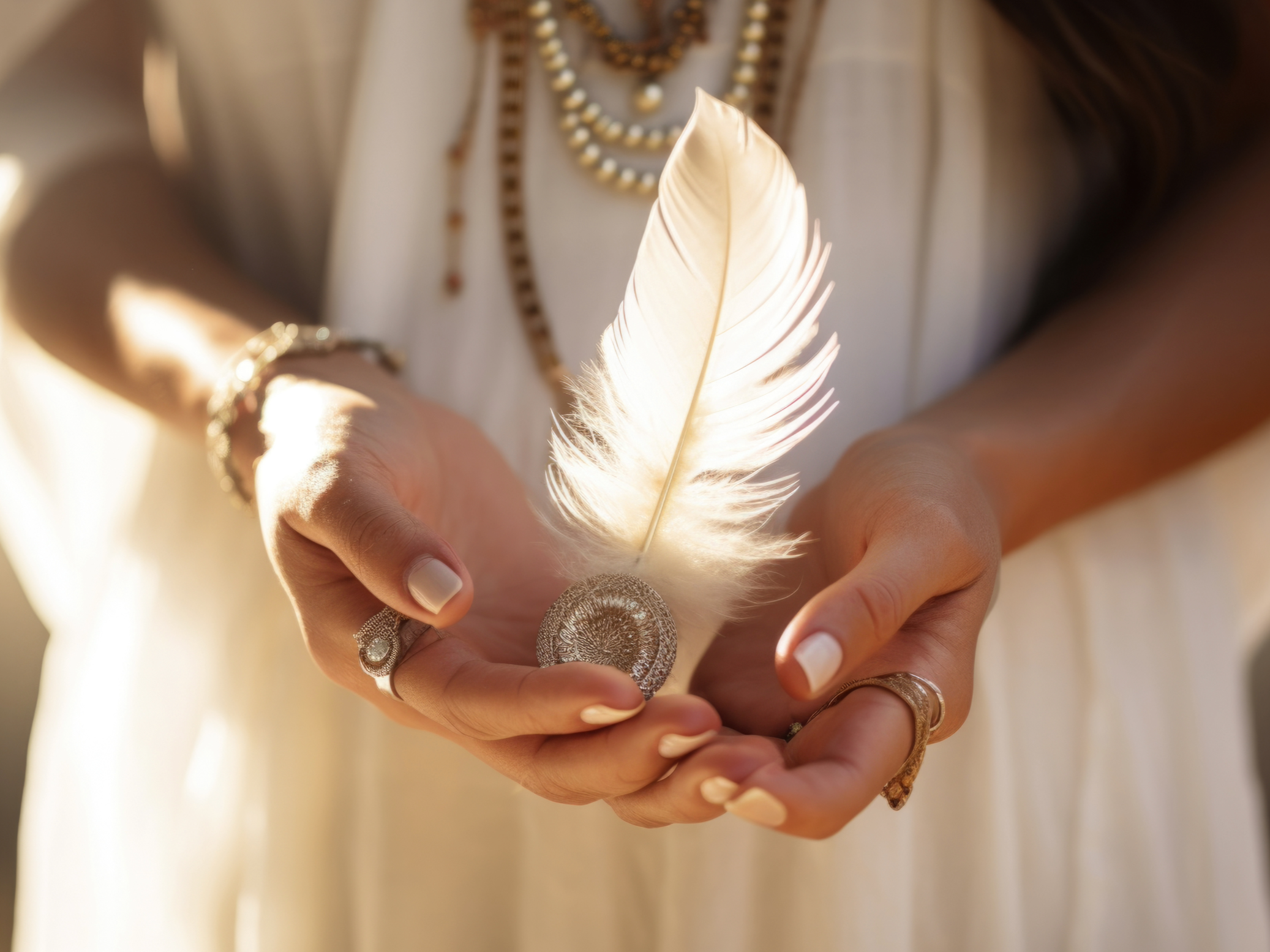 A person holding a white feather decorated with coins and jewelry, with jewelry and a coin necklace visible in the background.
