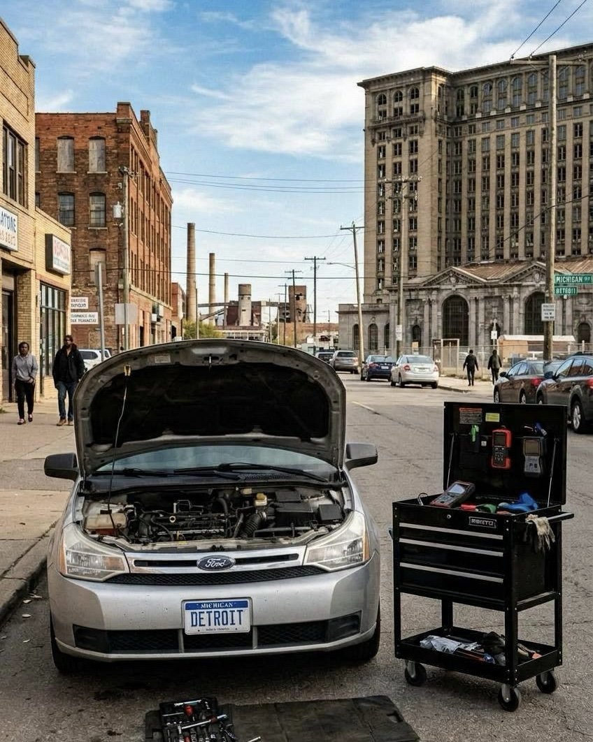 A silver Ford car with an open hood parked on a city street, with a tool cart beside it and a toolbox on the ground in front. The license plate reads "Detroit." The background features buildings, people walking, and a clear blue sky.