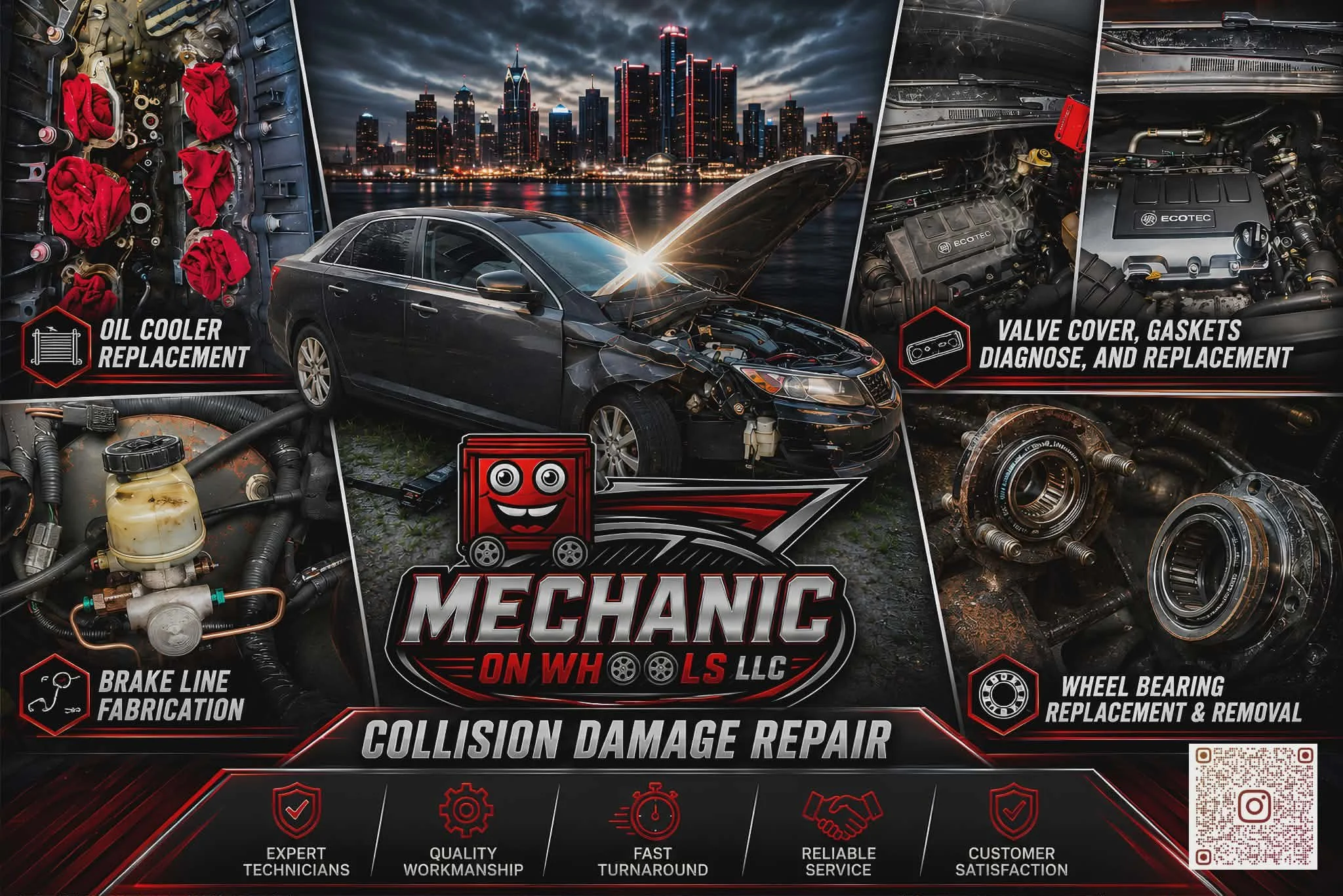 A collage of automotive repair images and city skyline. Central focus on a black car with open hood showing engine. Surrounding images show engine parts, tools, and car components. Text highlights services like oil cooler replacement, valve cover gasket repair, collision damage repair, brake line fabrication, wheel bearing replacement, and comprehensive auto repair. Decorative icons and a QR code are also present.