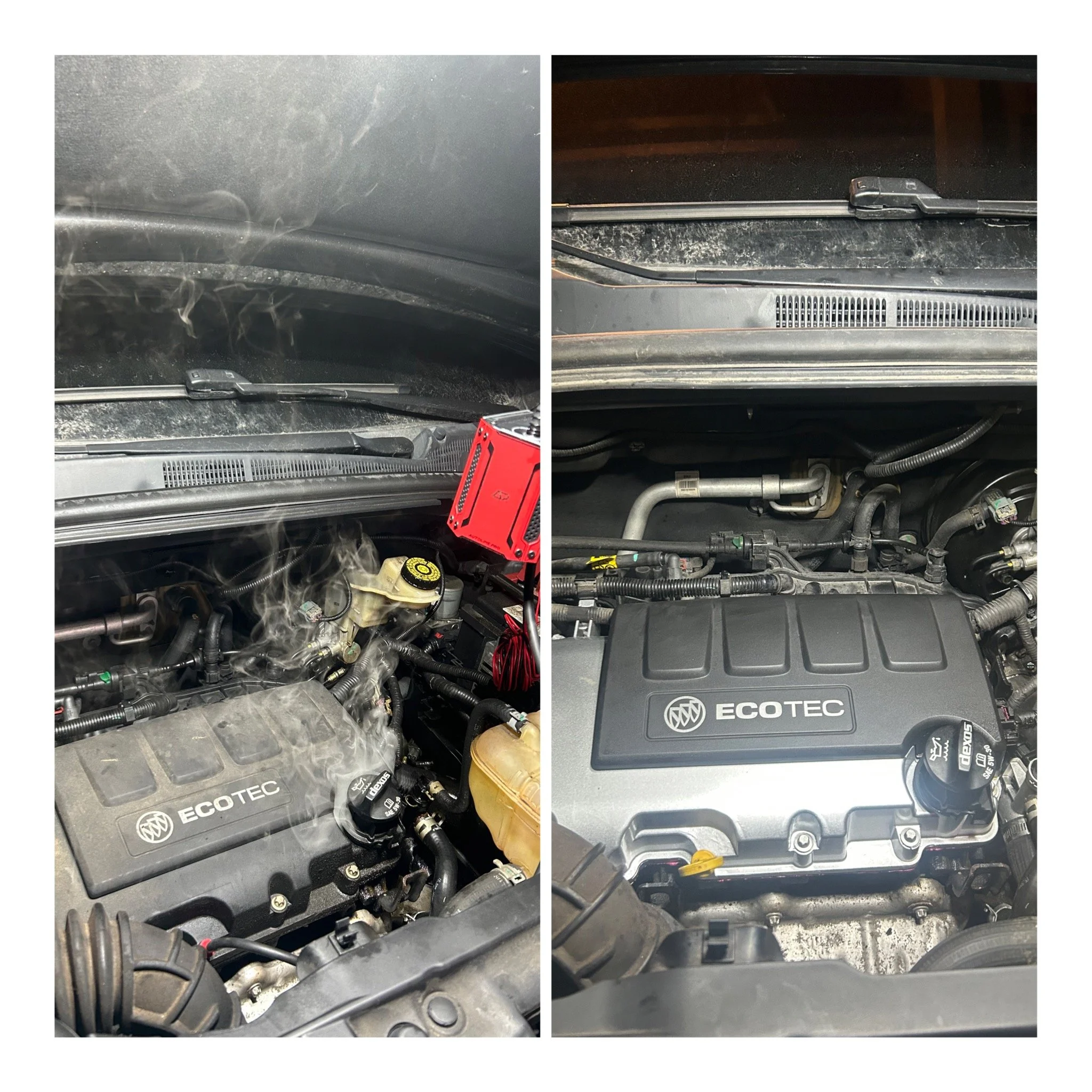 Comparison of a dusty car windshield on the left and a clean windshield on the right.