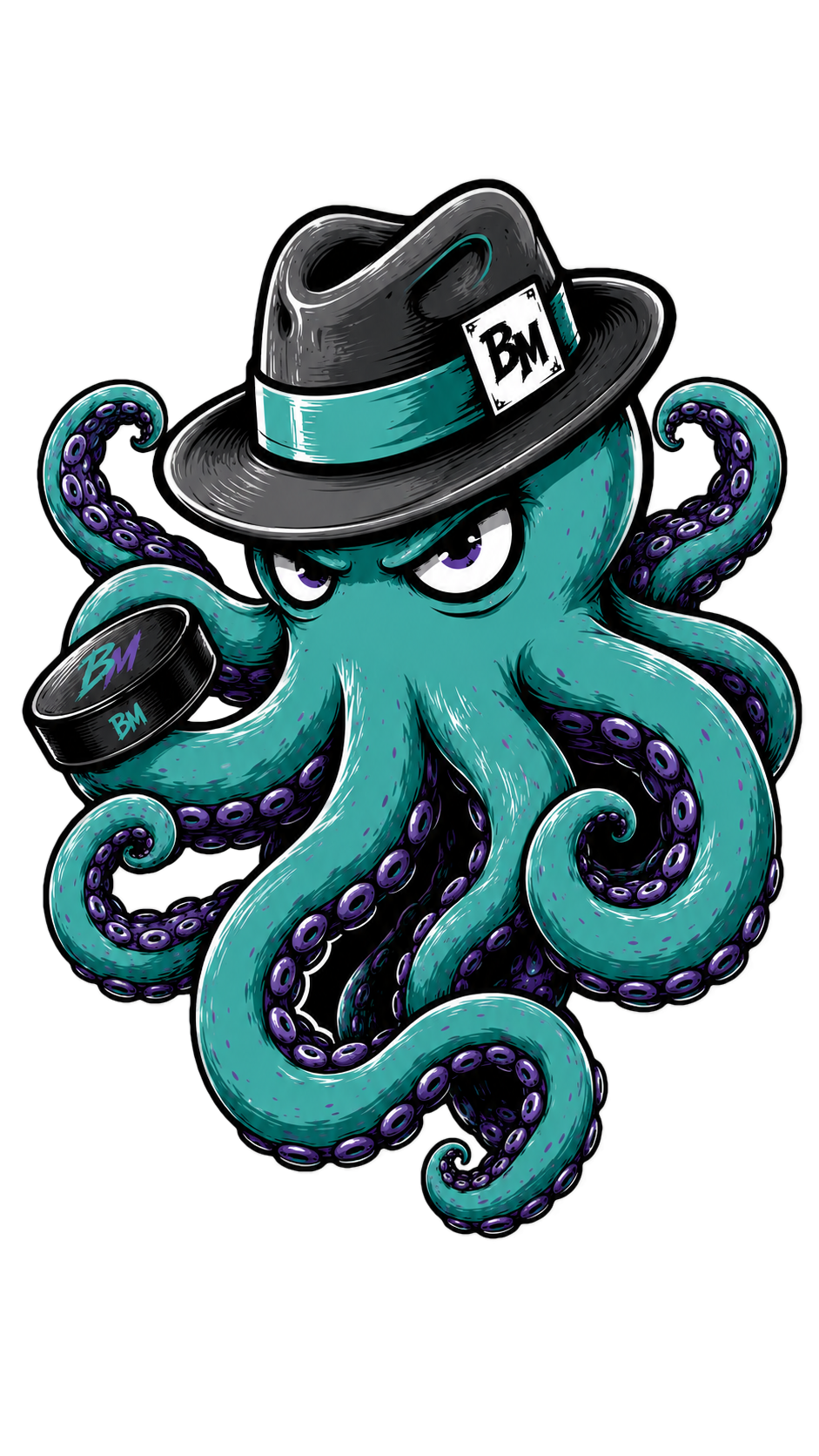 An animated cartoon octopus wearing a black fedora hat with a teal band and a badge with the letters "BM" on it. The octopus has purple eyes and is holding a black container marked "BM" in one tentacle.