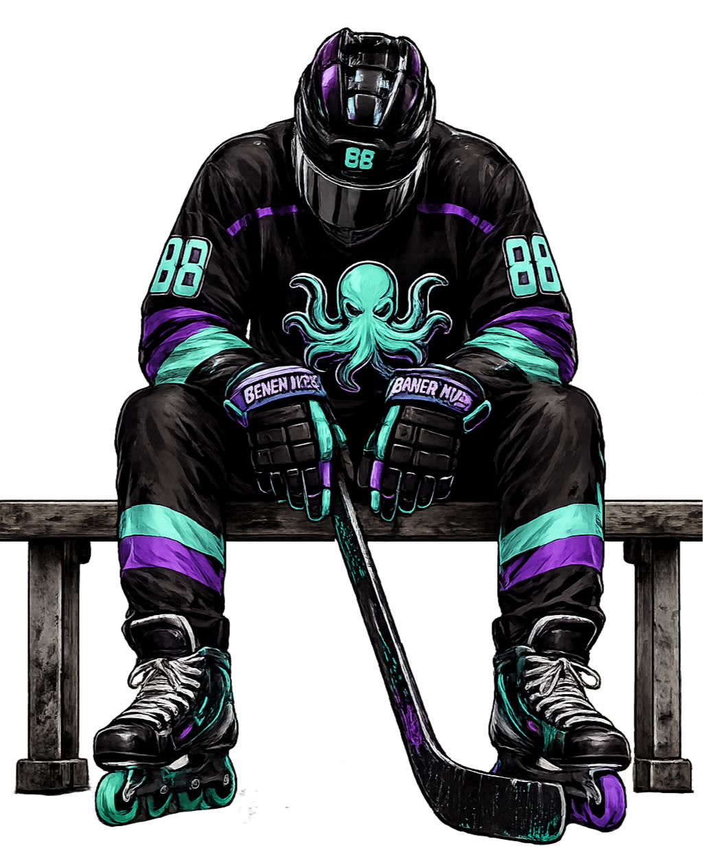 A hockey player in black uniform with purple and teal accents, sitting on a wooden bench, wearing a helmet with the number 88, holding a hockey stick with teal and purple detail, in front of a plain background.