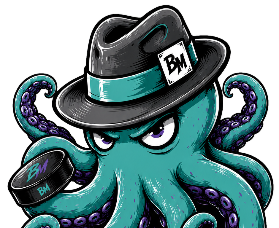 An animated octopus wearing a fedora hat with a badge labeled 'BM' and a wristband with 'BM' on it, holding a container, with intense eyes and a serious expression.