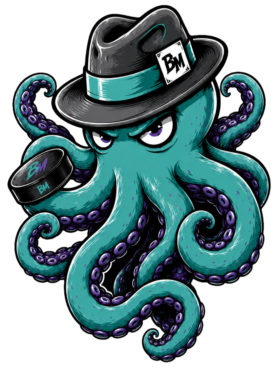 Illustration of an anthropomorphic octopus with a mischievous expression, wearing a fedora hat with 'BM' logo, holding a microphone with 'BM' logo, and having purple accents on its tentacles.