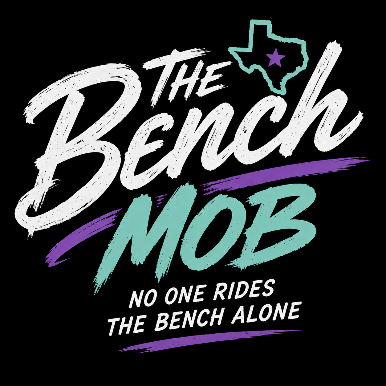Graphic text that reads 'The Beach Mob' with a small outline of Texas and a star inside, and a slogan 'No one rides the bench alone' on a black background.