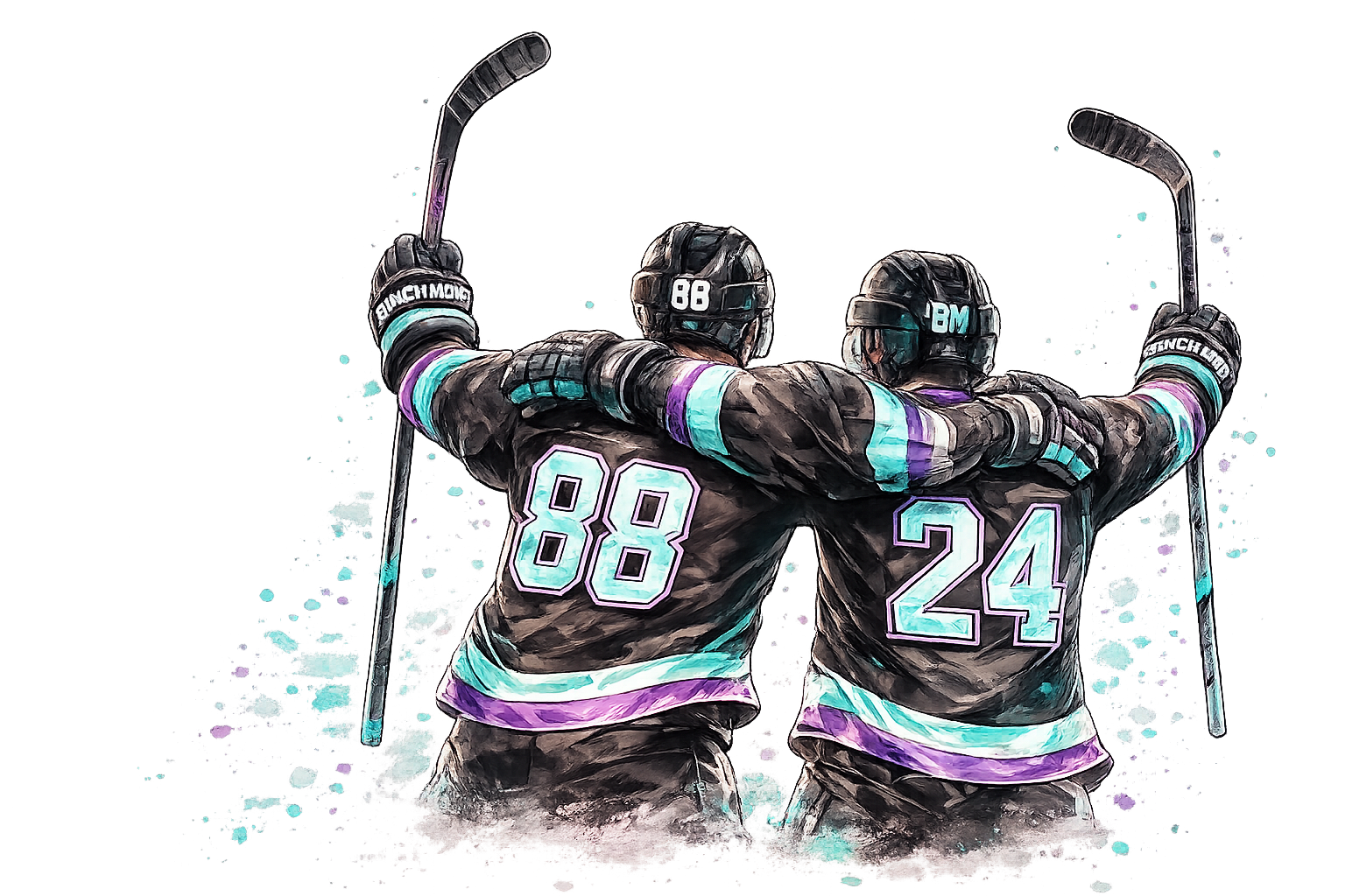 Two hockey players in black uniforms with purple, blue, and turquoise accents are celebrating with arms around each other, holding hockey sticks, facing away from the camera.