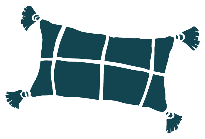 A graphic illustration of a rectangular pillow with dark green plaid pattern and fringed edges at all four corners.