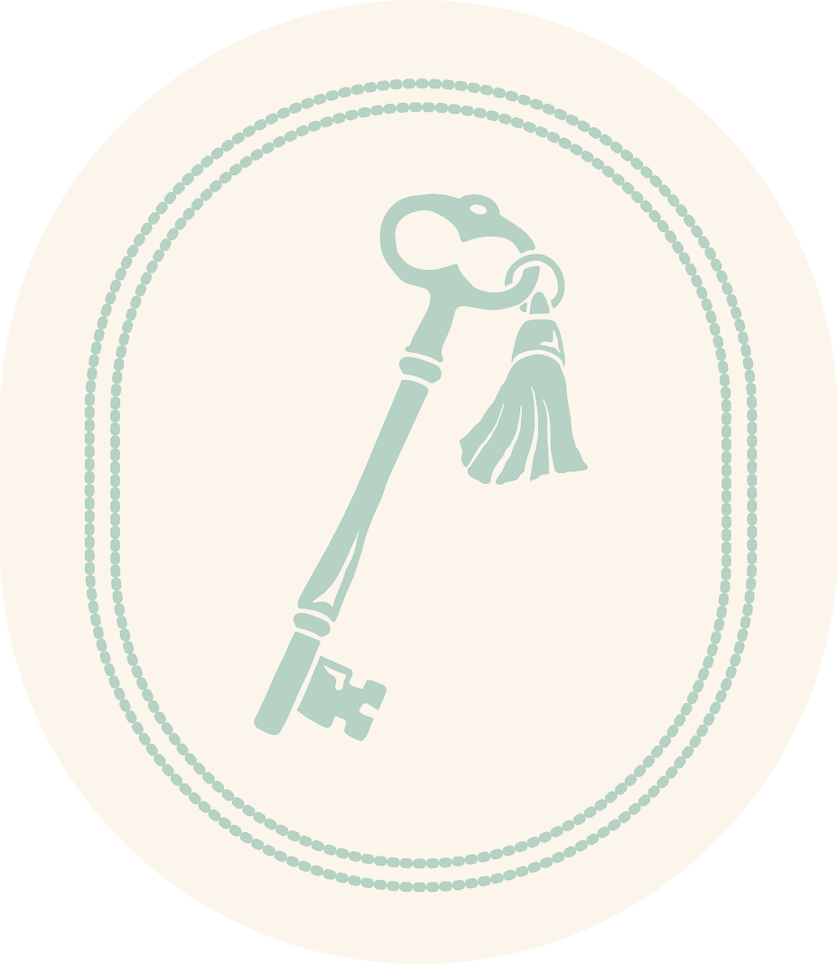 Illustration of an antique skeleton key with a tassel hanging from the bow, depicted in a minimalist style with a vintage appearance.