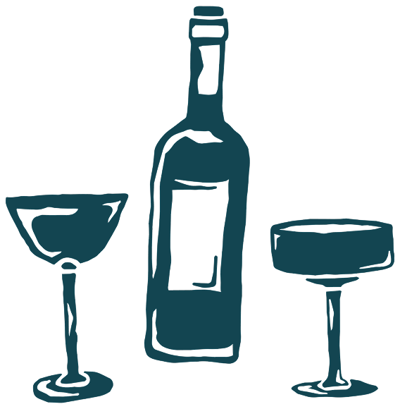 Line drawing of a wine bottle with two wine glasses, one on each side of the bottle.