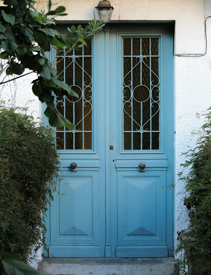 Blue double doors with decorative metal grilles and glass panels, framed by green bushes on either side, and a lantern-style outdoor light above.