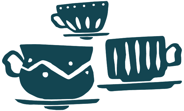 Line drawing of a tea set with a teapot, a cup with a saucer, and a creamer or sugar container on a black background.