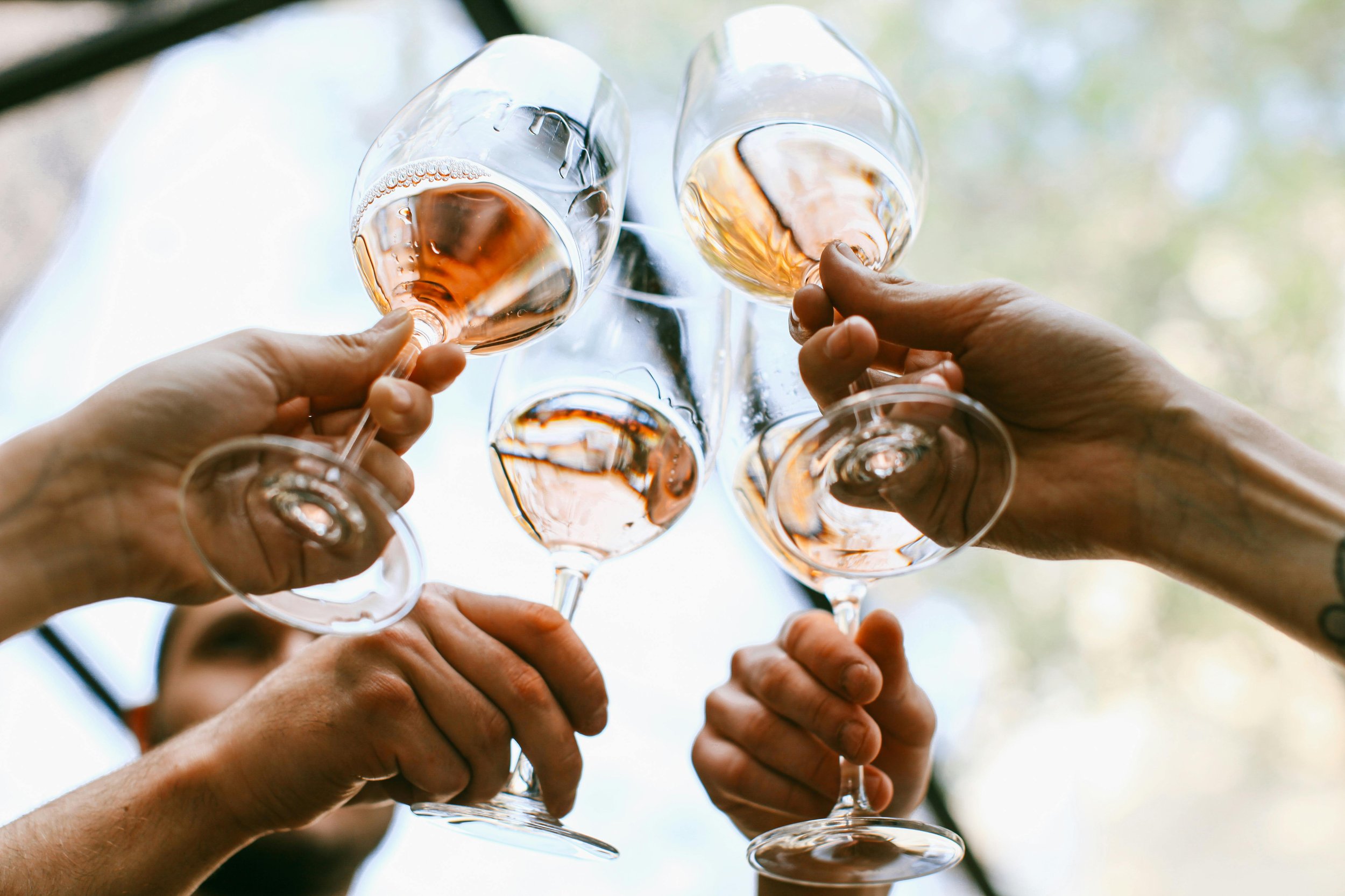 Multiple people clinking wine glasses filled with rosé wine in a celebratory toast.