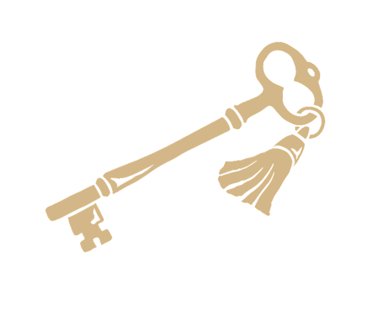 An illustration of a vintage skeleton key with a decorative bow, attached to a small tassel.