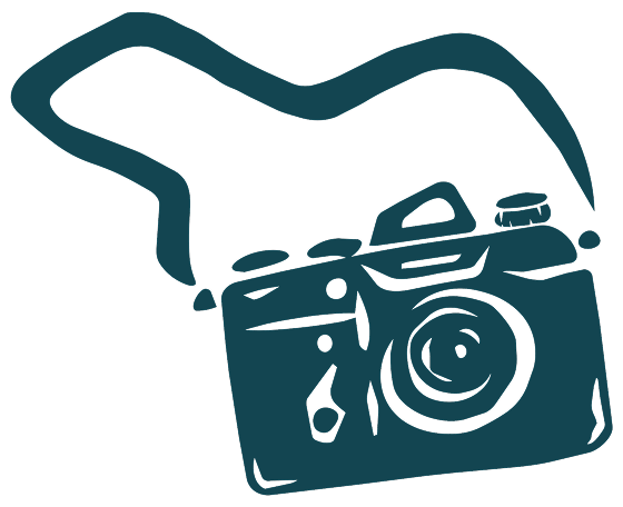 A stylized icon of a camera with a strap.