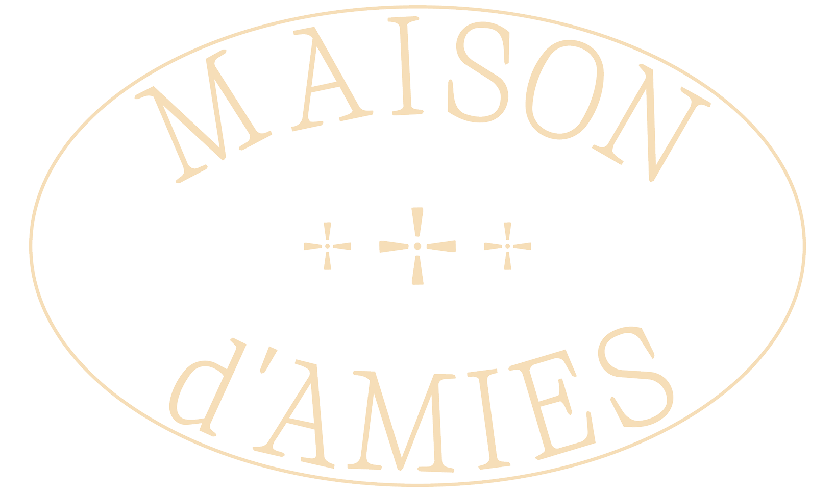 Oval-shaped logo with the words 'MAISON D'AMES' written twice, once on top and once on bottom, in a light beige color. The background is black, and there are three small cross symbols in the center.