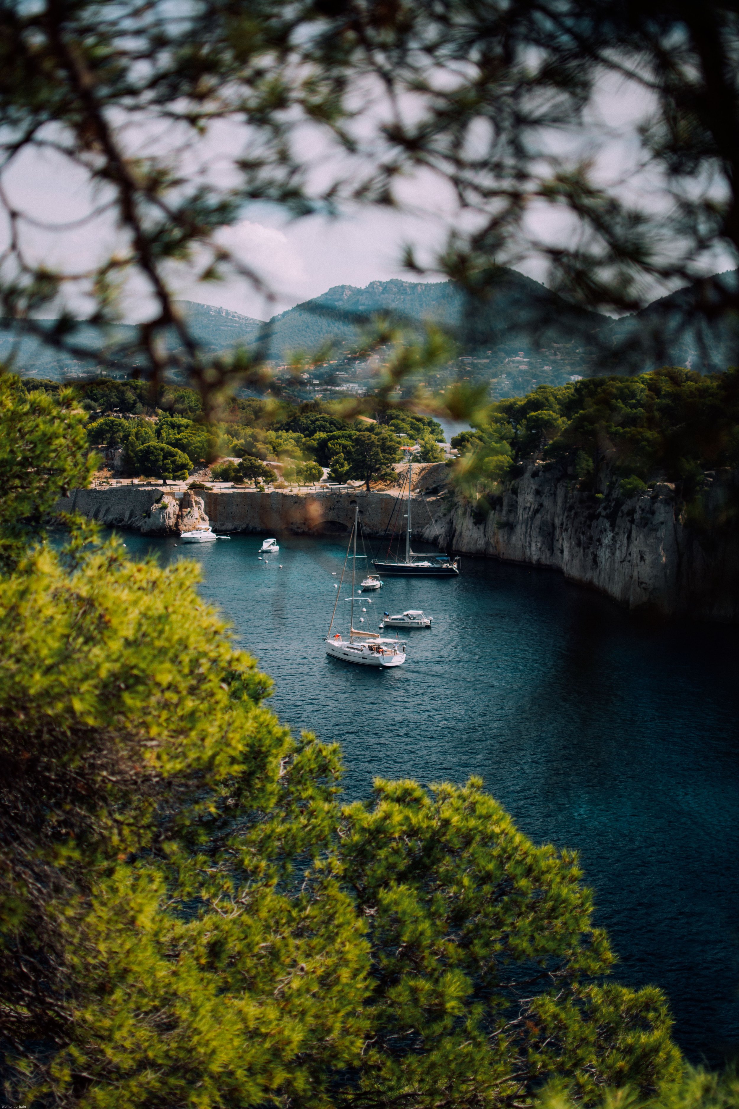 A view of a tranquil bay with anchored sailboats and yachts, framed by lush green trees in the foreground and mountains in the background.