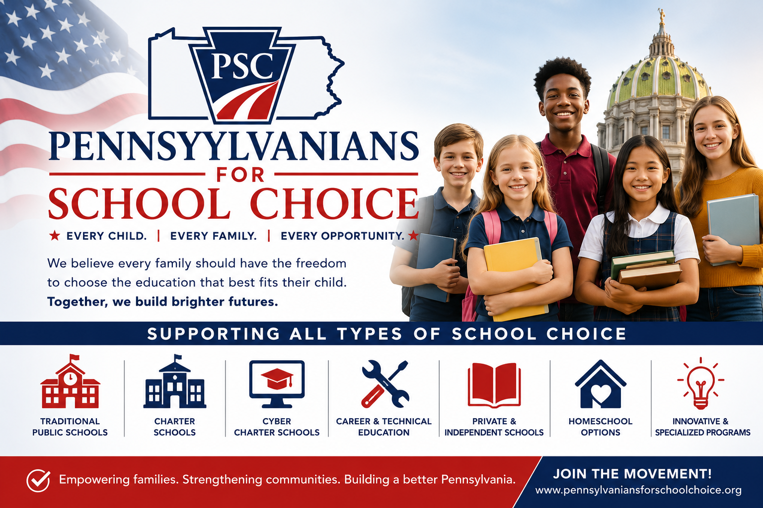 Group of diverse children holding school supplies, smiling outdoors with a historic building in the background. Text overlays promote Pennsylvania school choice options.
