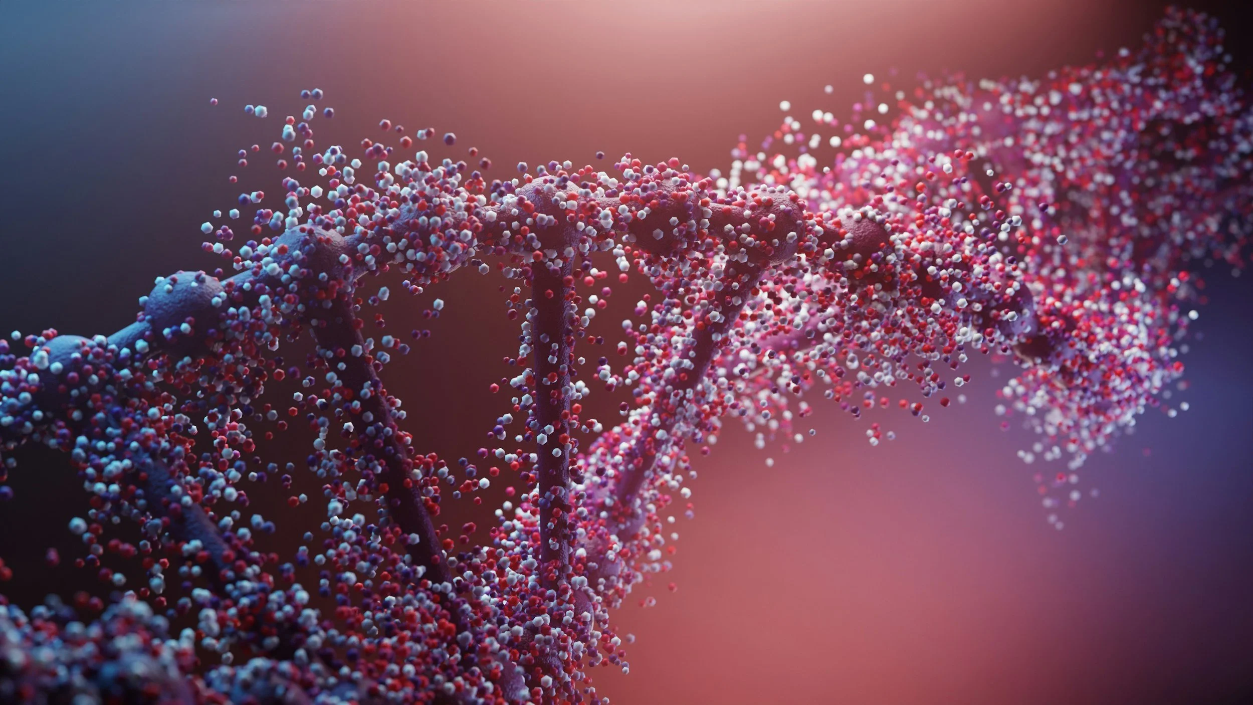 Close-up digital illustration of a DNA double helix strand with colorful molecular structures, pink and purple background.