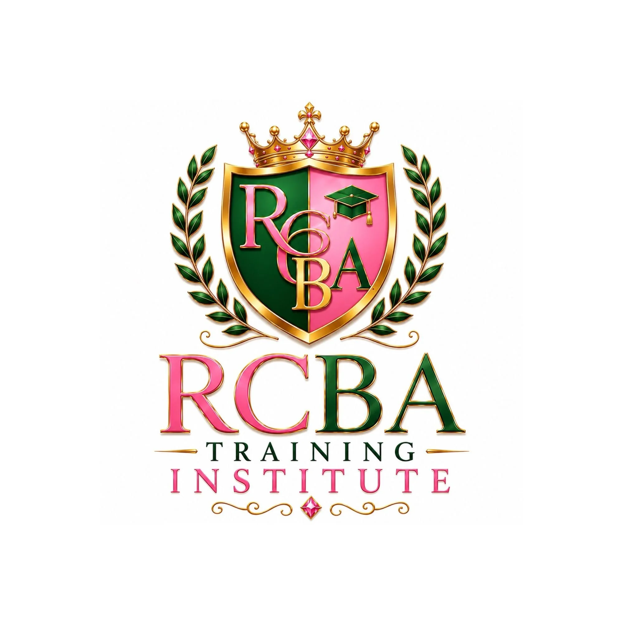 Logo of RCBA Training Institute featuring a shield with a crown, laurel leaves, and the text 'RCBA Training Institute' in pink and green colors.