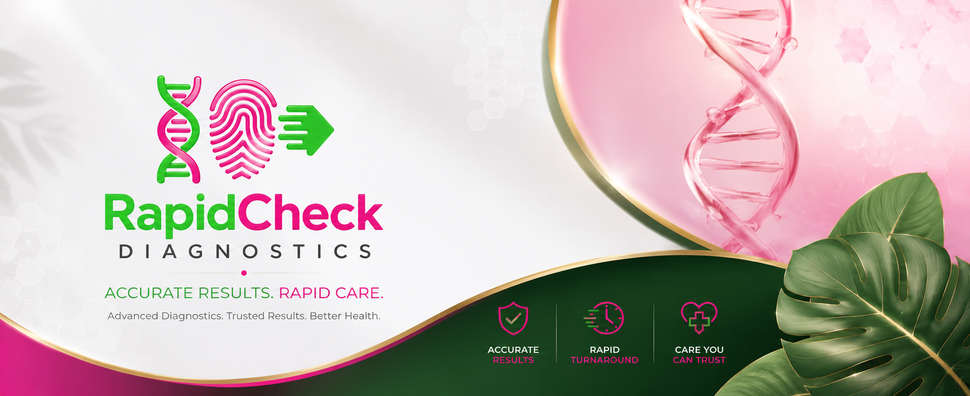 A promotional banner for RapidCheck Diagnostics with a DNA helix, fingerprint icon, and arrow. The banner highlights accuracy, rapid turnaround, and trust in healthcare results, with colorful leaves in the corner.