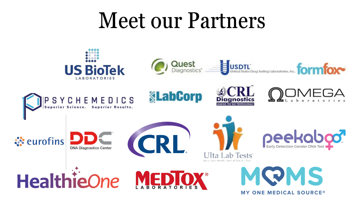 healthcare and diagnostic companies, including US BioTek Laboratories, Quest Diagnostics, USDTL, Formfox, PsyMedics, LabCorp, CRL Diagnostics, Omega Laboratories, Eurofins, DDC, Peekaboo, HealthieOne, Medtox Laboratories, and MOMs from a 'Meet our Partners' header.