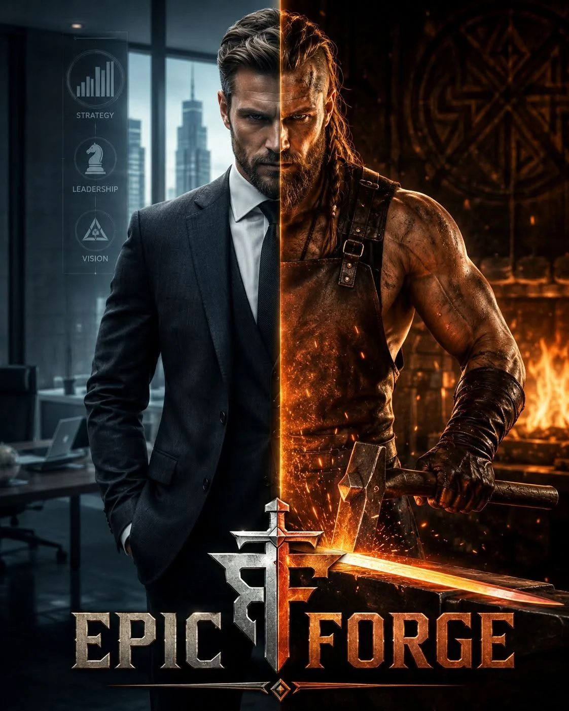 The image is split into two halves: the left side shows a well-dressed man in a business suit in an office, and the right side depicts a muscular man with long hair and a beard, wielding a glowing sword in a fiery forge. The title 'Epic Forge' is at the bottom.