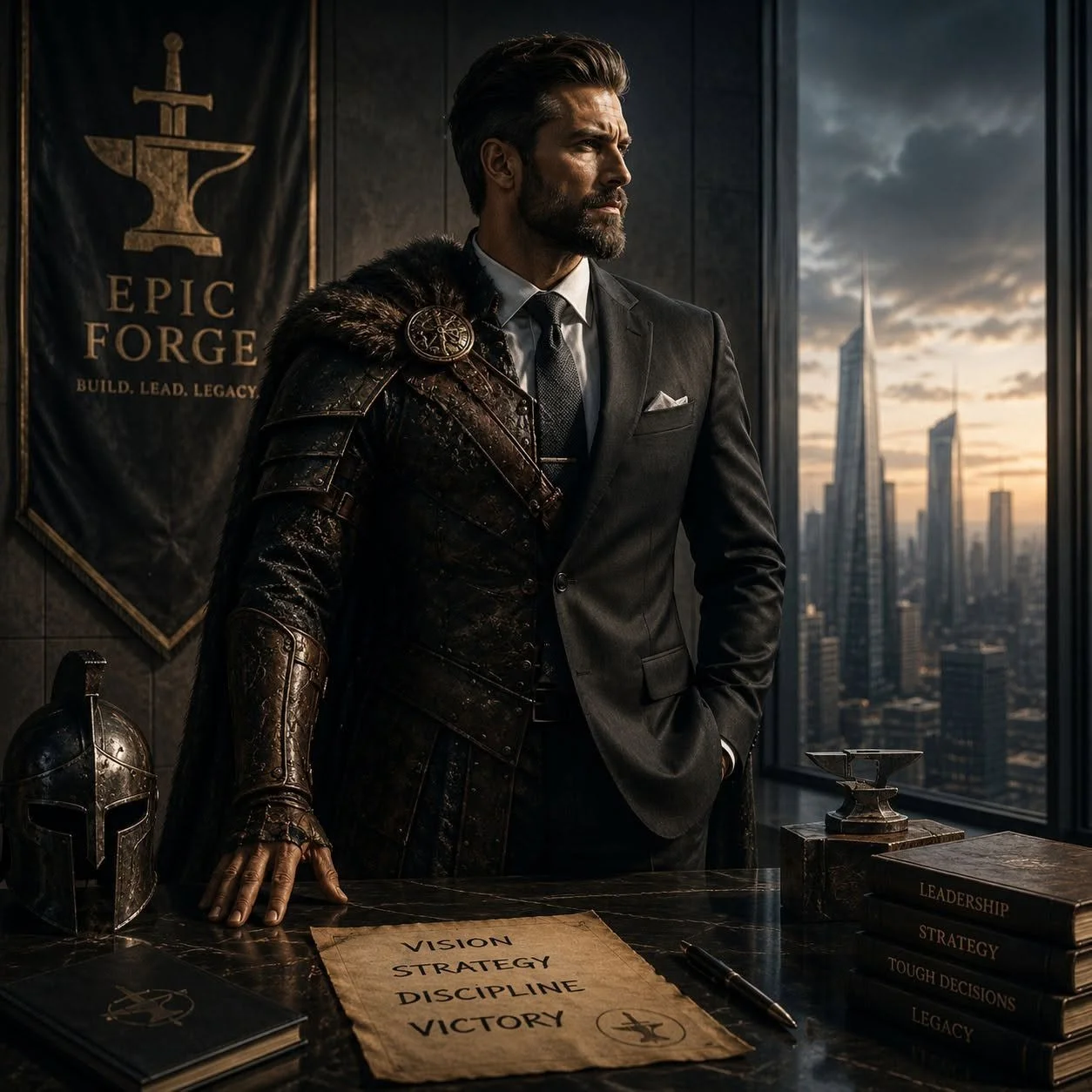 A man dressed as a medieval knight and a businessman standing in a modern office with a city skyline at sunset in the background.