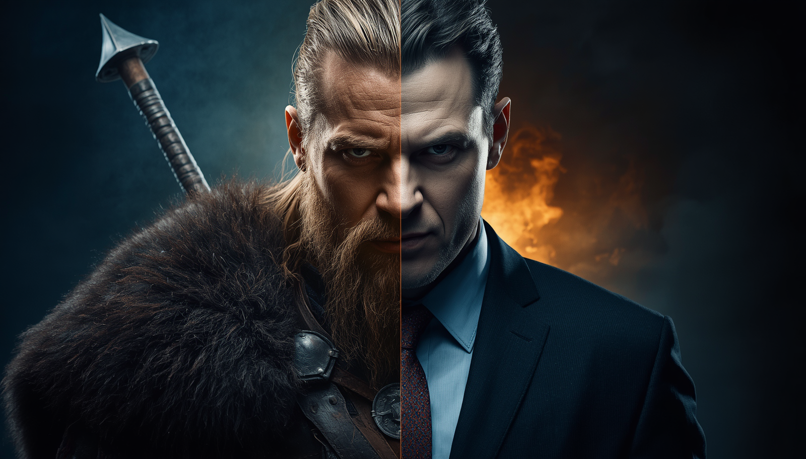 Split image showing two male characters, one on the left with long hair and a beard wearing medieval armor and fur cloak, the other on the right with short hair in a suit, with a fiery background.