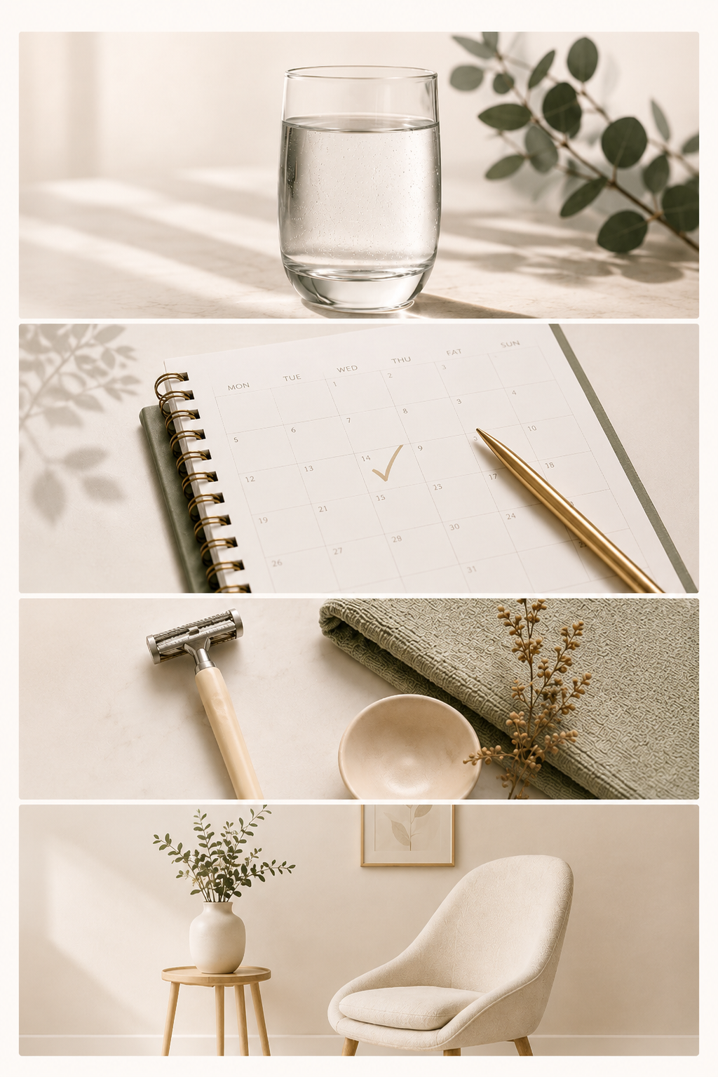 Collage illustrating common electrolysis pre-treatment recommendations such as drinking water, avoiding tweezing, planning appointments, and preparing the treatment area.