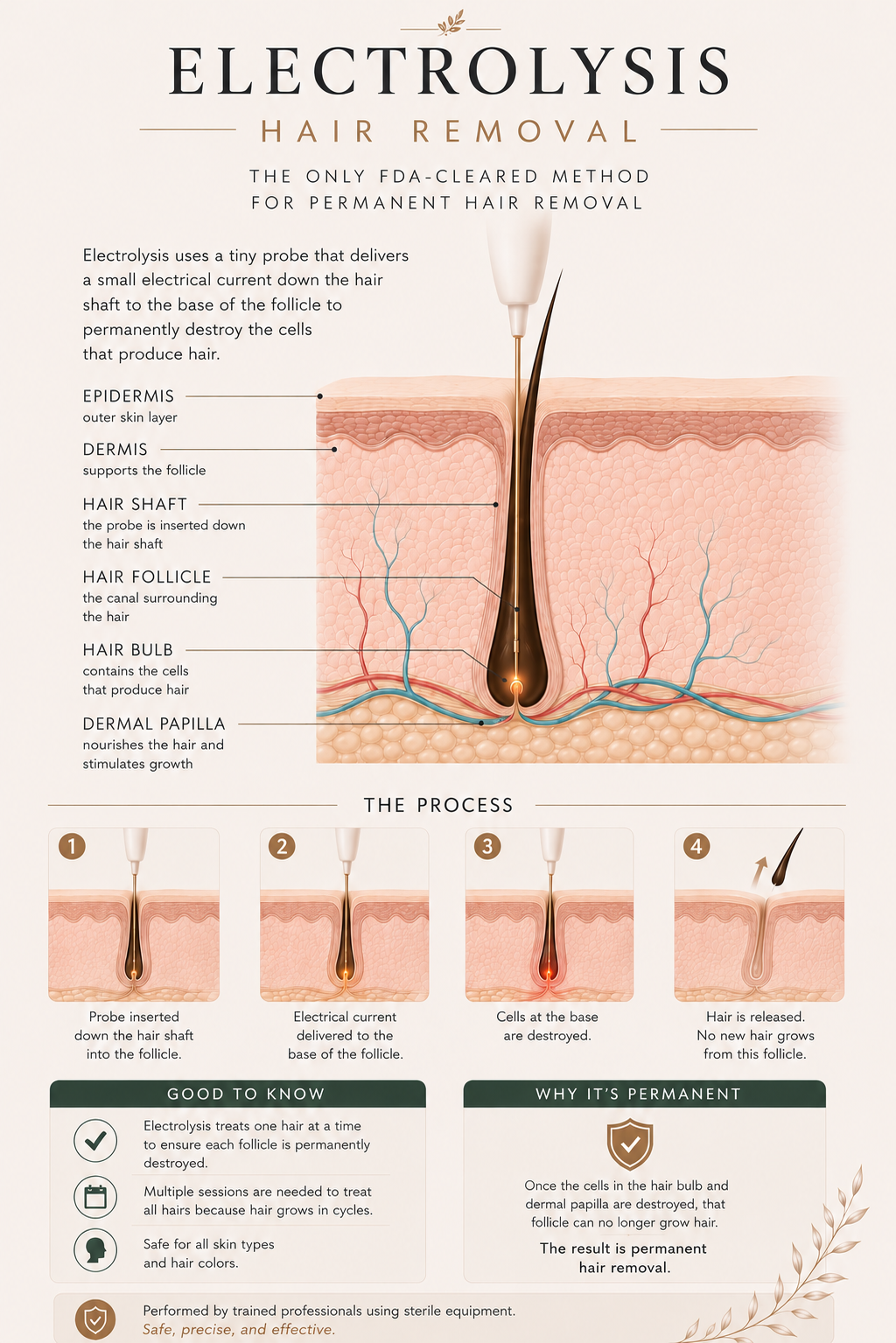 Infographic explaining how electrolysis permanently removes hair by inserting a fine probe into the hair follicle to destroy the cells responsible for hair growth.